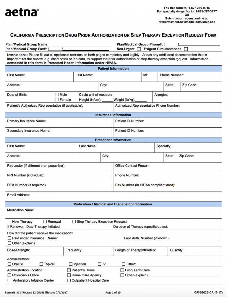 AETNA California Prior Prescription Authorization Form.