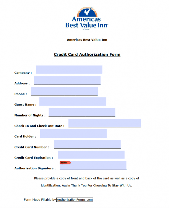 Free America S Best Value Inn Credit Card Authorization Form Pdf