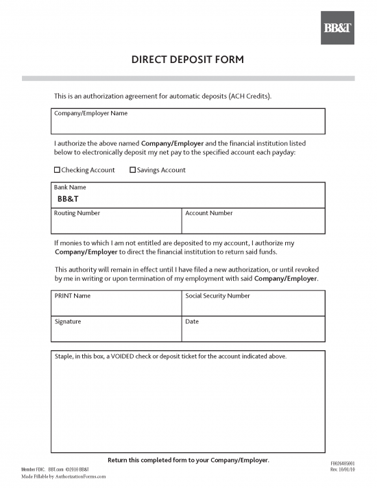 Bb T Bank Direct Deposit Authorization Form Authorization Forms