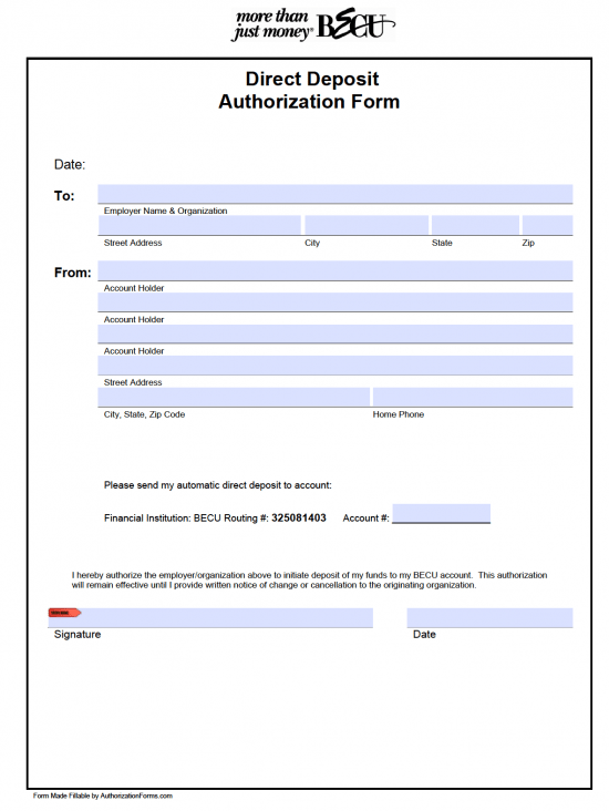 Free BECU Direct Deposit Authorization Form - PDF