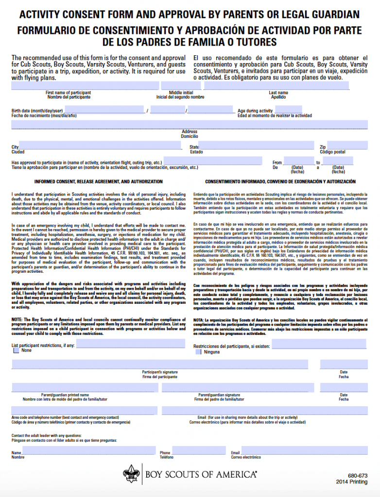 Free Boy Scouts of America (BSA) Activity Consent Form - PDF
