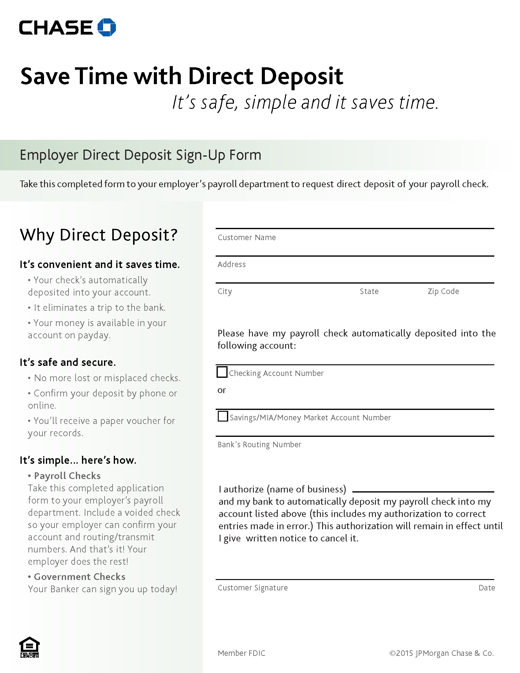 Chase Direct Deposit Form Printable