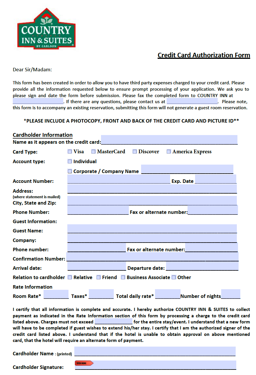 Free Country Inn and Suites Credit Card Authorization Form - PDF