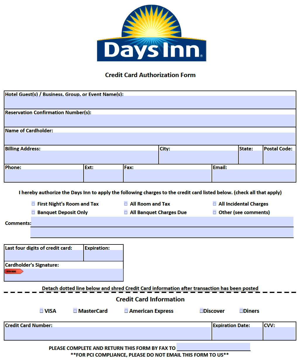 Free Days Inn Credit Card Authorization Form PDF