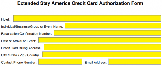 Free Extended Stay America Hotel Credit Card Authorization Form Pdf Word 5755