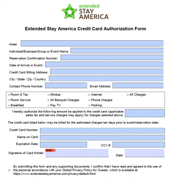 Free Extended Stay America Hotel Credit Card Authorization Form Pdf Word 1046