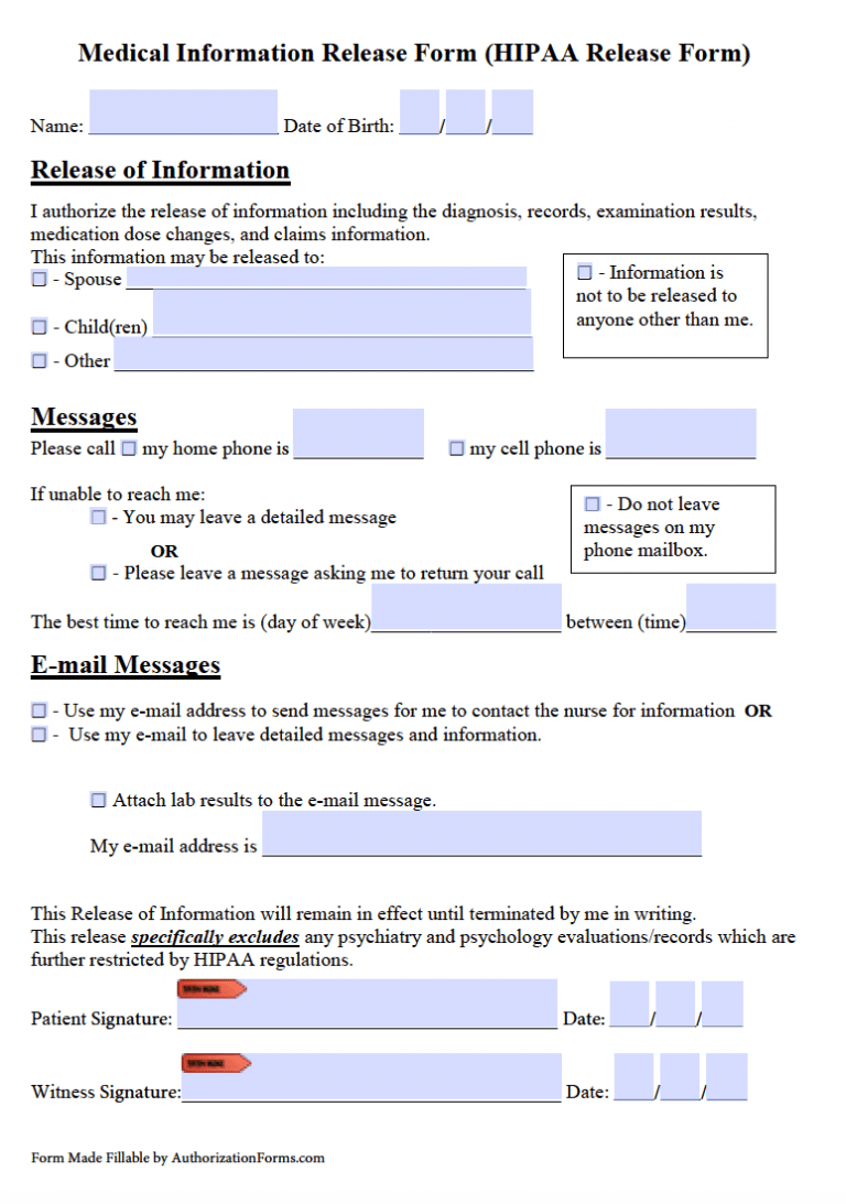 Free Hipaa Medical Release Authorization Form Pdf 7545