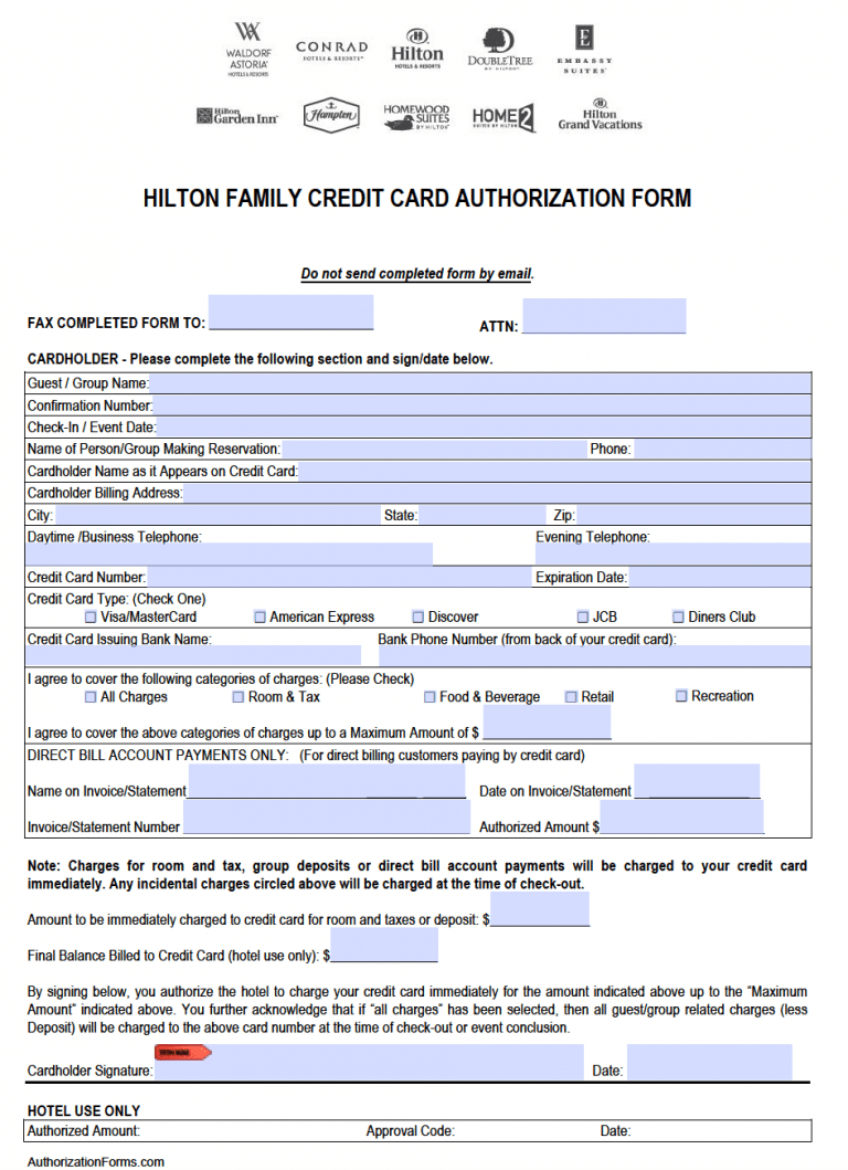 Free Hilton Credit Card Authorization Form - PDF