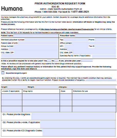 Free Humana Prior Prescription (Rx) Authorization Form - PDF