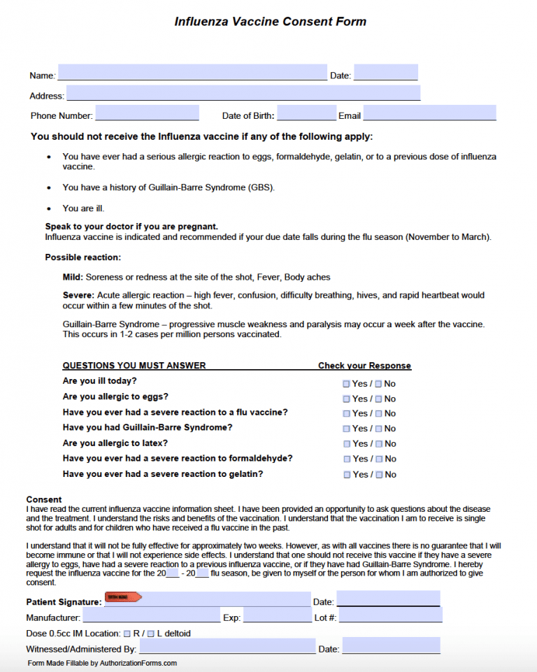 Free Flu Shot Consent Form Influenza Vaccine PDF