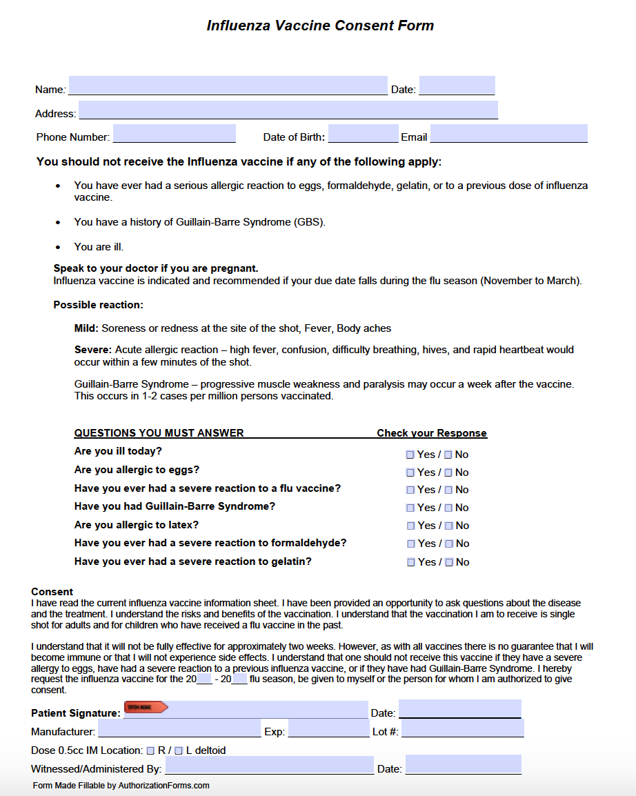 Printable Flu Vaccine Consent Form Template