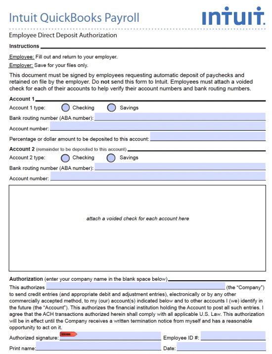 form deposit slip Intuit Deposit Direct Authorization Free / Form Quickbooks