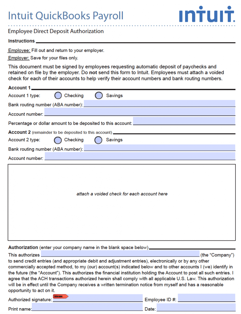 Free Intuit Quickbooks Direct Deposit Authorization Form PDF