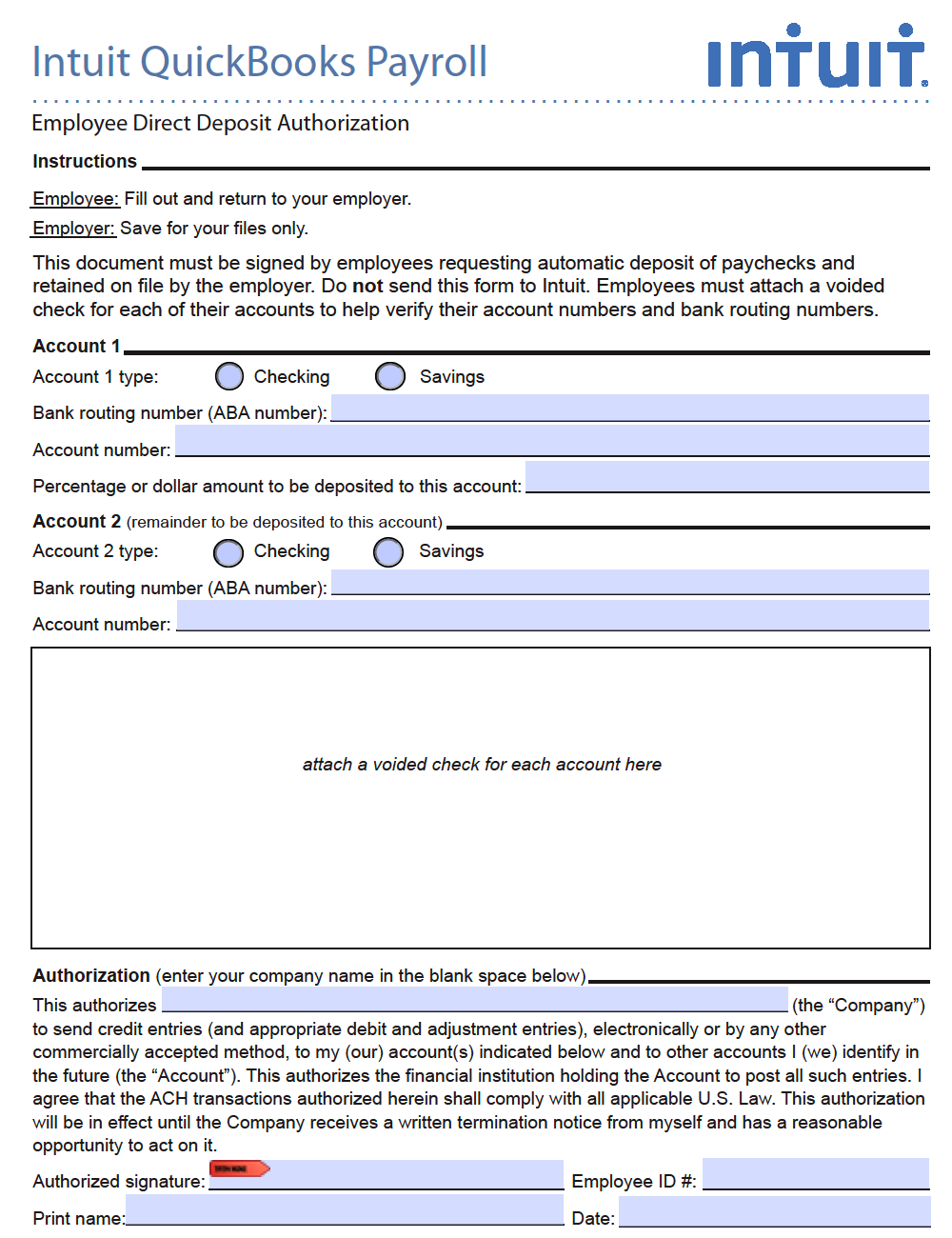 quickbooks direct deposit form for employees