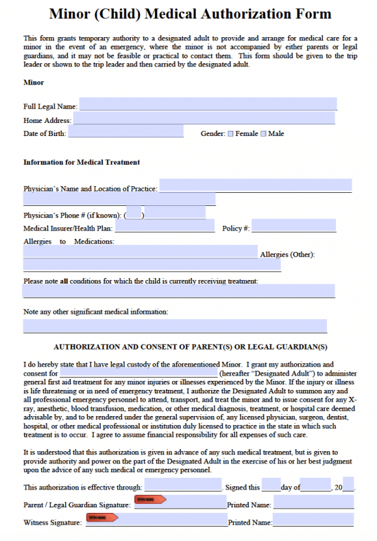Printable Medical Consent Form Minor Pdf Printable Forms Free Online