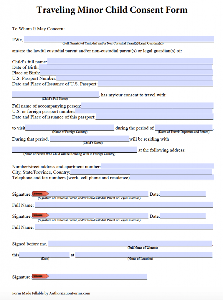 Free Minor Child Travel Consent Form - PDF
