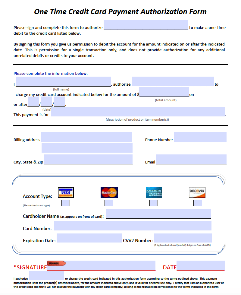 Free 1 Time Credit Card Payment Authorization Form PDF