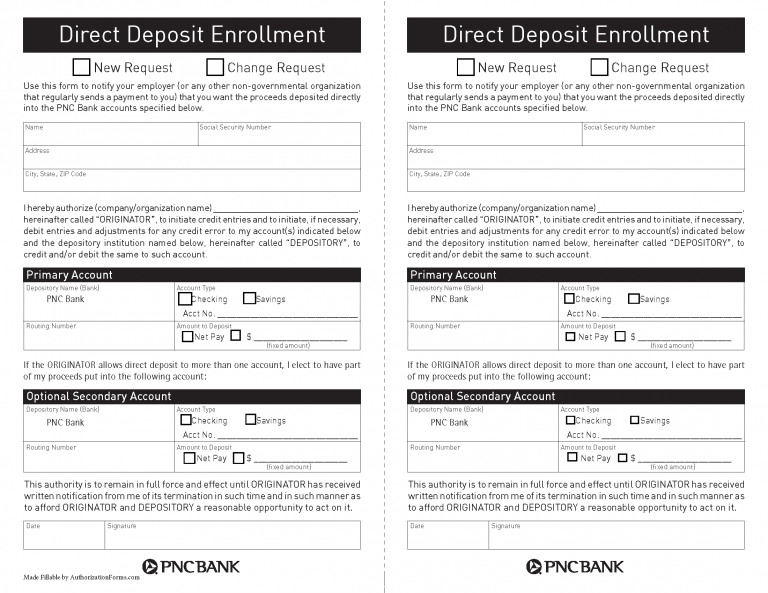 Free PNC Bank Direct Deposit Authorization Form PDF