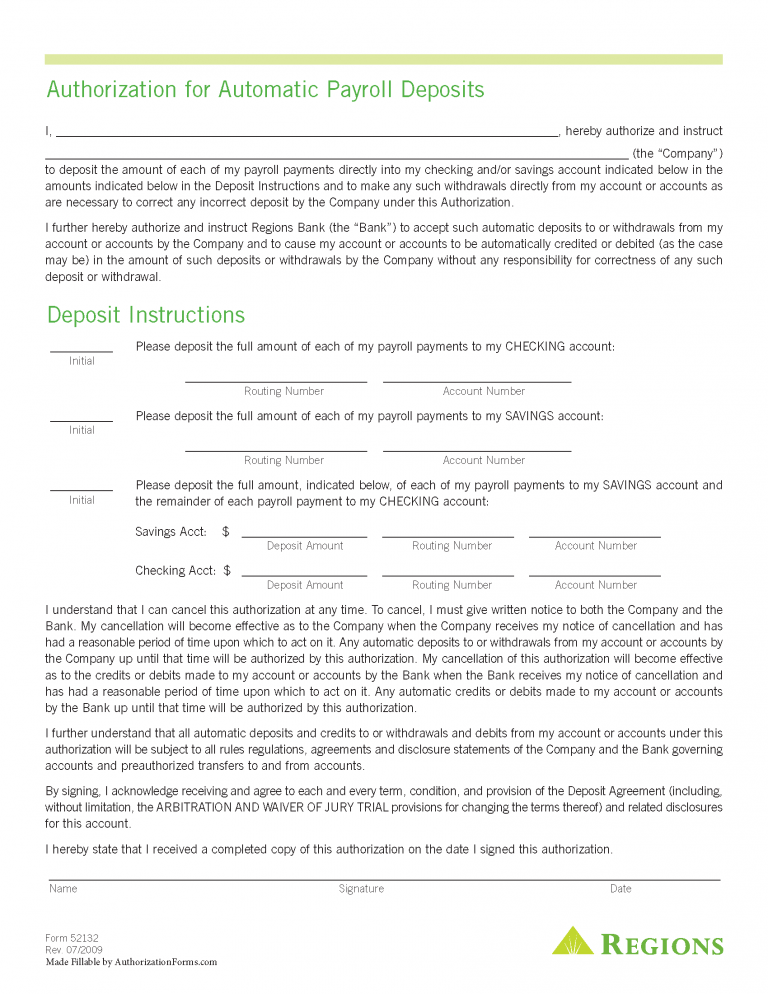 regions bank direct deposit form pdf