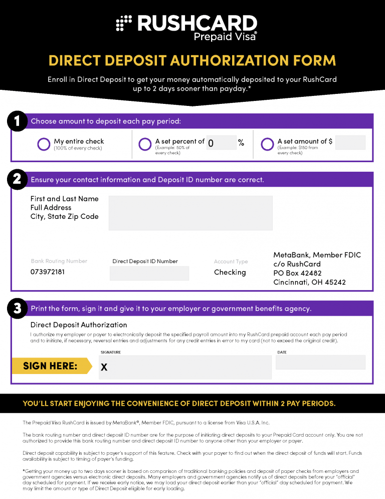 Free RushCard Direct Deposit Authorization Form - PDF