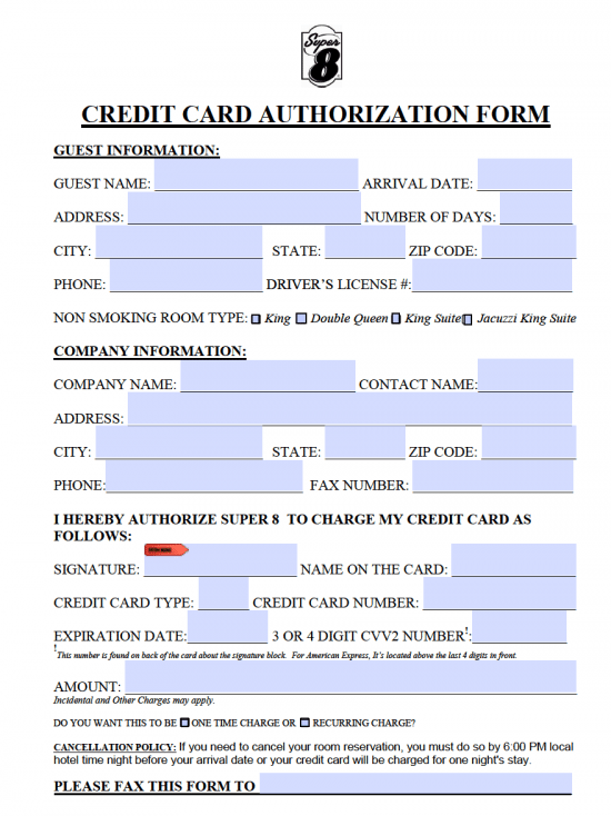 Free Super Motel Credit Card Authorization Form PDF