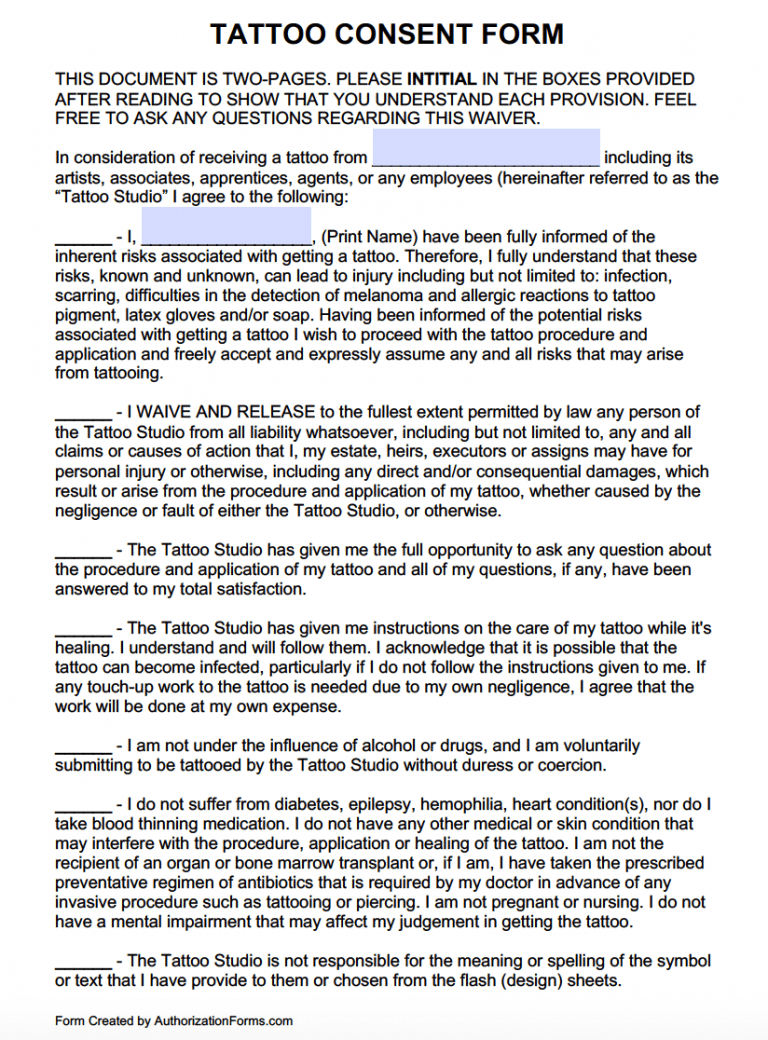 Free Tattoo Consent Form For Adults and Minors PDF