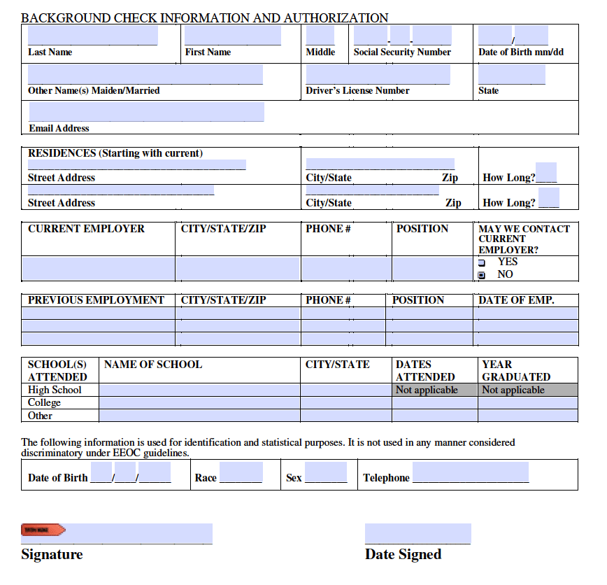 Employment Background Check Form Template